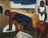 Pranas Domšaitis, Figure Kneading Dough with Huts in the Distance (recto); Figure Kneading Dough (verso), oil on board