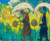 Frans Claerhout, Women with Parasols in a Field of Sunflowers, oil on board