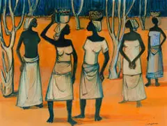 Jan Dingemans, Women with Baskets, pastel on paper laid down on board