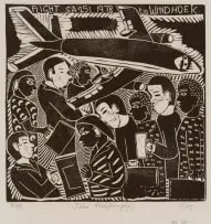 Flight SA251 to Windhoek by John Muafangejo, 1978, linocut on paper, sold Dec 2025