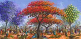 João António Kabongo, Marché sous Flamboyants (Market under the Flamboyants), 2001, oil on canvas