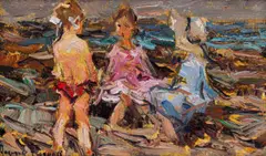Adriaan Boshoff, Three Children at the Beach, oil on canvas laid down on board