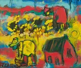 Frans Claerhout, Figures Picking Sunflowers, oil on board