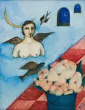 Hannetjie de Clercq, Winged Figure with a Vase of Flowers, 1999, oil on board