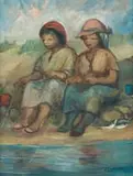 Amos Langdown, Two Women Fishing, oil on canvas laid down on board