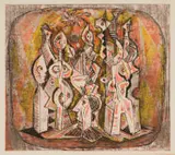 Dirk Meerkotter, Figure met Hoof (Figures with Chief), 1983, colour etching on paper