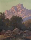 Tinus de Jongh, Landscape with Stream and Distant Mountain, oil on canvas laid down on board