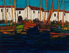 John McLaren, Boats in a Harbour, 1962, gouache on paper