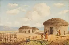 Edward Charles Moore, Figures in front of Huts, oil on board