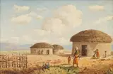 Edward Charles Moore, Figures in front of Huts, oil on board