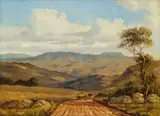 Christopher Tugwell, Mountainous Landscape with Tree, oil on canvas laid down on board