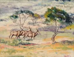 Simon Moroke Lekgetho, Three Kudu in the Bushveld, 1964, oil on canvas laid down on board