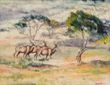 Simon Moroke Lekgetho, Three Kudu in the Bushveld, 1964, oil on canvas laid down on board