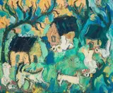 Frans Claerhout, Figure with Birds and Goats near Cottages, oil on board