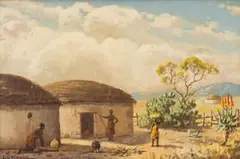 Edward Charles Moore, Native Huts, 1932, oil on board