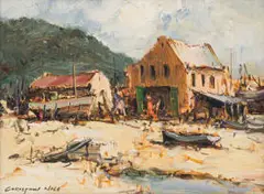 Beach and Boat Yard by Christiaan Nice, oil on canvas, sold Dec 2025