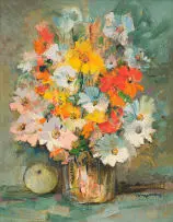 Jan Dingemans, Orange and Yellow Flowers in a Vase, oil on canvas laid down on board