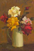 Adriaan Boshoff, Roses in a Jug, oil on canvas laid down on board