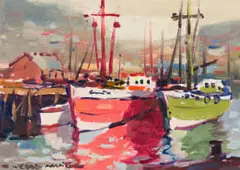 Wessel Marais, Fishing Boats, oil on canvas laid down on board