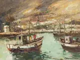 Christiaan Nice, Harbor Scene, oil on canvas laid down on board