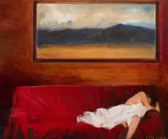 Walter Voigt, Red Sofa, 2002, oil on canvas laid down on board