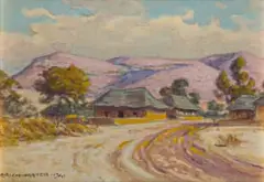 Roadside Cottages by Erich Mayer, 1941, watercolour on card, sold Dec 2025