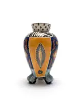 Andile Dyalvane, Claw-footed vase painted with abstract patterns and feather motifs, 2000, painted and glazed ceramic
