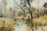 Christopher Tugwell, Stream with Trees, oil on board