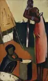 Pranas Domšaitis, Mother and Child Stamping Maize, oil on board