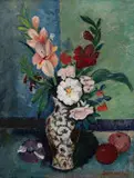 Pranas Domšaitis, Spring Flowers in a Vase with Fruit (recto); Street Scene with Figures (verso), oil on board