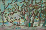 Gregoire Boonzaier, Bome+Stroom, Midde Afrika (Trees + Stream, Central Africa), oil on board