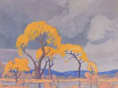 Jacobus Hendrik Pierneef, Landscape with Blooming Acacias, casein on board
