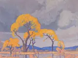 Jacobus Hendrik Pierneef, Landscape with Blooming Acacias, casein on board