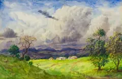 Gerard Bhengu, Transkei Landscape, watercolour and gouache on paper laid down on board