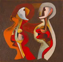 Conversation by Cecil Skotnes, 1972, acrylic on incised panel, offered Sep 2025