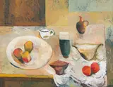 Cecil Skotnes, Still Life with Vessels and Fruit on a Table, oil on panel