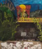 Rory Emmett, Incongruous Stage, 2022, oil paint, spray paint, acrylic PVA and hessian on canvas
