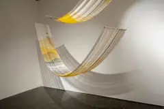 Sivan Zeffertt, Here, Come From Elsewhere, diptych, 2023, handwoven cotton, viscose and ink