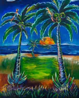 Tyrone Errol Appollis, Coconut Trees and Parrots, oil on canvas