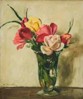 Robert Broadley, Roses in a Glass Vase, oil on canvas laid down on board