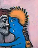 Walter Battiss, The 5th Adventure of Pokkeloi the Blue Boy. He Finds His Lost Father Who Gives Him a Bag of Gold., oil on canvas