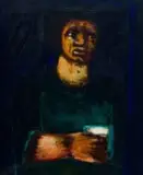 Robert Hodgins, Figure Holding Cup, oil on board