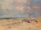 Errol Boyley, Pondo Huts, oil on canvas laid down on board