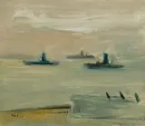 Carl Büchner, Ships in Grey Dawn, oil on canvas laid down on board