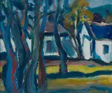 Herbert Coetzee, Outbuildings Under Trees, 1989, oil on baord