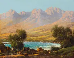 Tinus de Jongh, Coastal Landscape with Mountains, oil on canvas