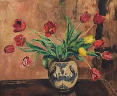 Robert Broadley, Tulips in a Porcelain Vase, oil on canvas laid down on board