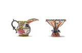 Footed bowl with birds and floral decoration; Jug with zebra and floral decoration, two by Ardmore Ceramic Studio, painted and glazed ceramic, sold Oct 2025