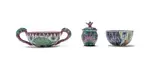 Bowl with Zulu warrior motif; Double-handeled dish decorated with chameleons; Lidded vessel with floral motif, three by Ardmore Ceramic Studio, painted and glazed ceramic, sold Oct 2025