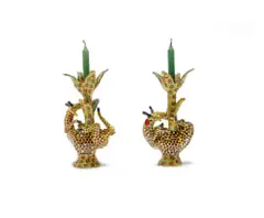 Candlesticks decorated with giraffes and leaves by Victor Mtshali, 2008, painted and glazed ceramic, sold Oct 2025